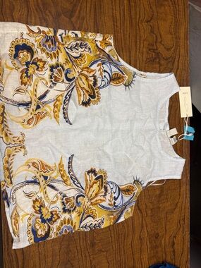 Joie White Tank Top with Mustard & Navy Floral Border